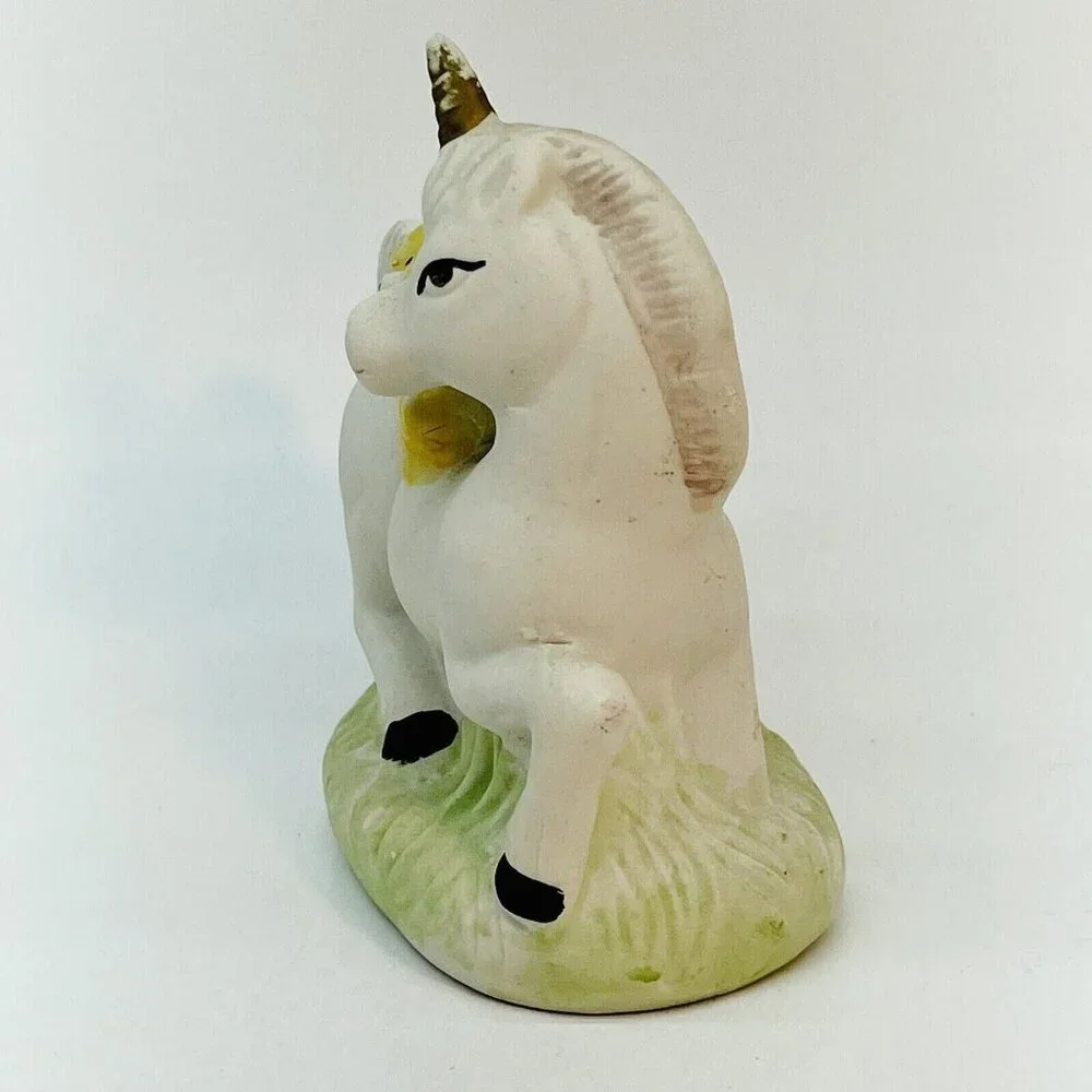 Whimsical Vintage Porcelain Figurine Yellow Teddy Bear Riding White Unicorn